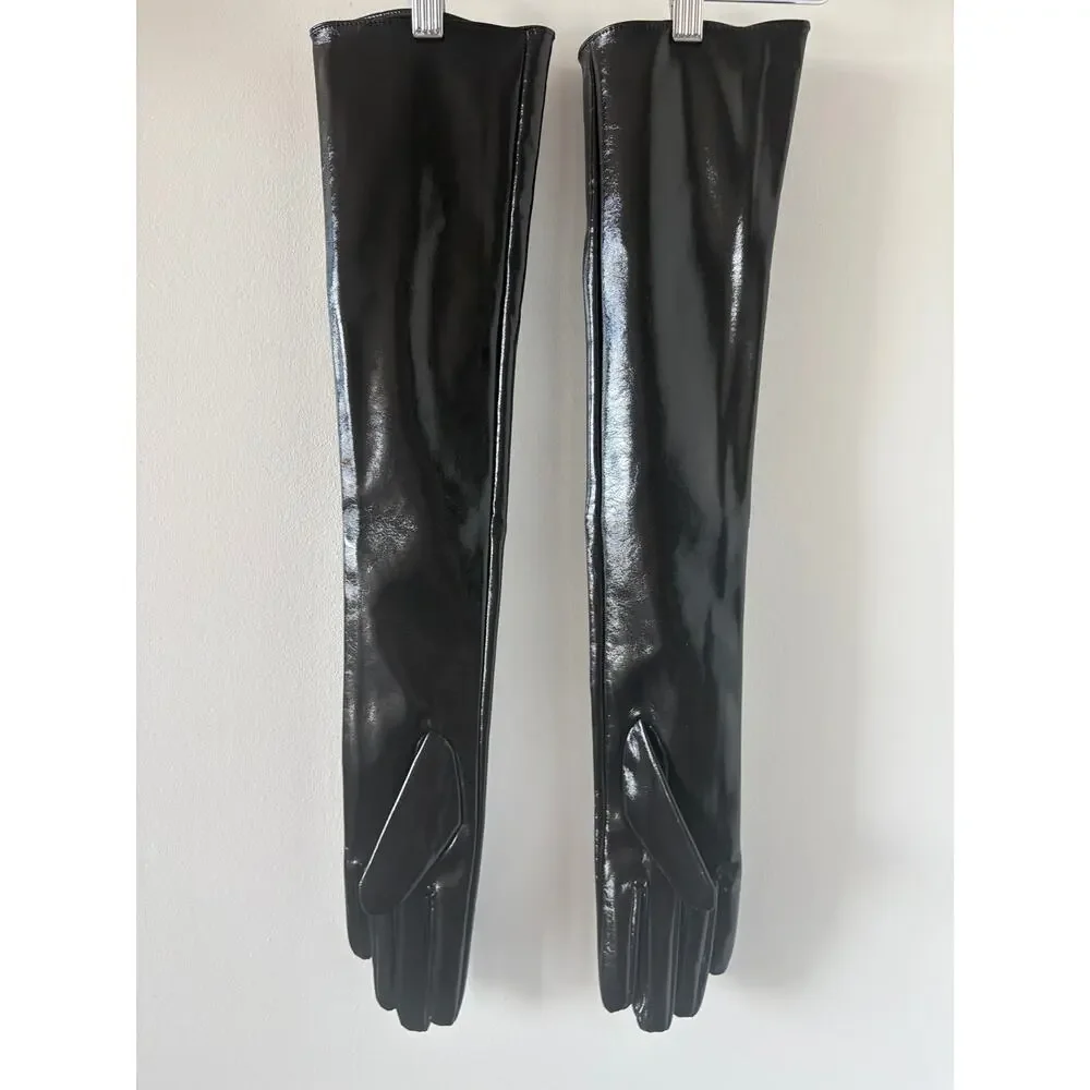 Black Faux Patent Opera Long Gloves Whimsigoth Goth Dominatrix Steampunk Cosplay